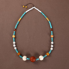 Vintage Long Ethnic Style Necklace with Turquoise Dzi Pendant