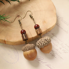 Original Handmade Natural Acorn Forest Style Long Earrings