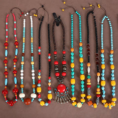 Vintage Long Ethnic Style Necklace with Turquoise Dzi Pendant
