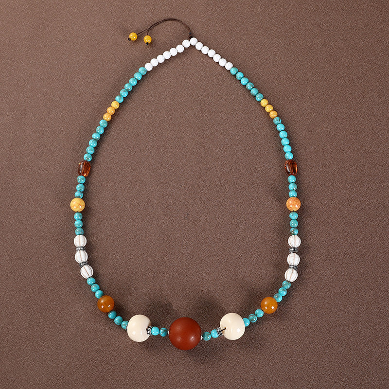 Vintage Long Ethnic Style Necklace with Turquoise Dzi Pendant