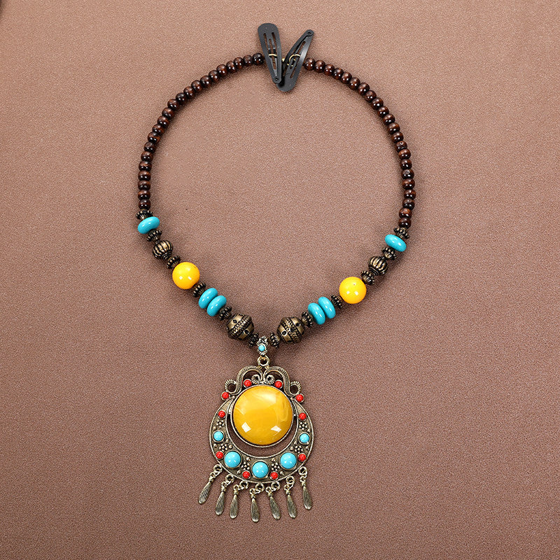 Vintage Long Ethnic Style Necklace with Turquoise Dzi Pendant
