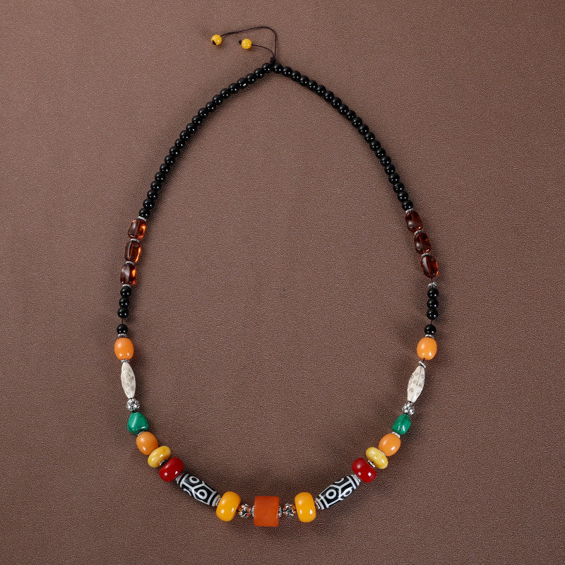 Vintage Long Ethnic Style Necklace with Turquoise Dzi Pendant