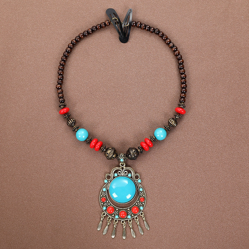 Vintage Long Ethnic Style Necklace with Turquoise Dzi Pendant