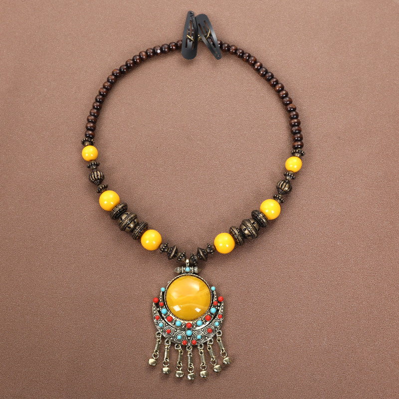Vintage Long Ethnic Style Necklace with Turquoise Dzi Pendant