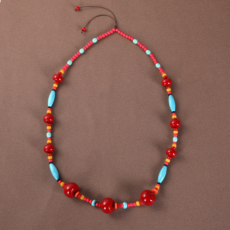 Vintage Long Ethnic Style Necklace with Turquoise Dzi Pendant