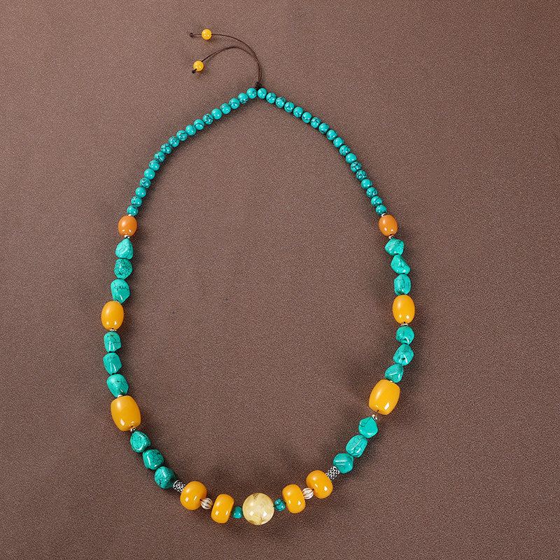 Vintage Long Ethnic Style Necklace with Turquoise Dzi Pendant