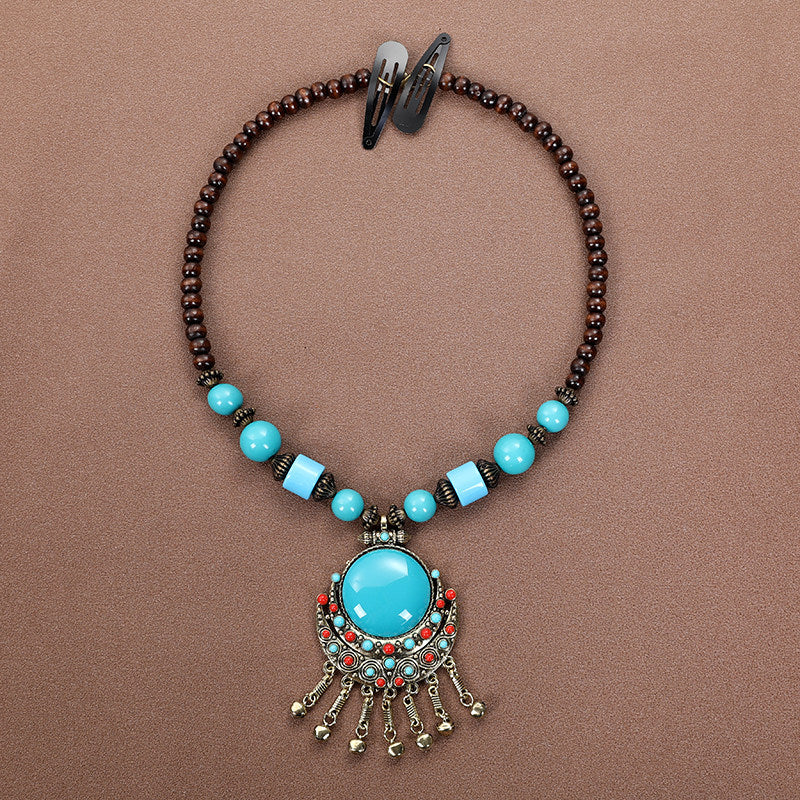 Vintage Long Ethnic Style Necklace with Turquoise Dzi Pendant