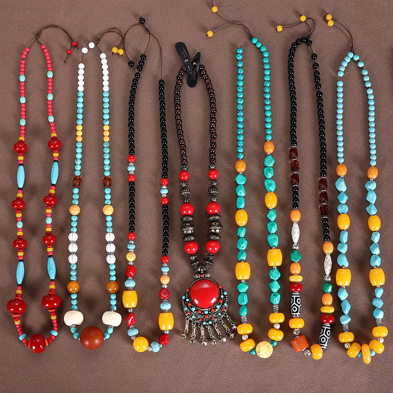 Vintage Long Ethnic Style Necklace with Turquoise Dzi Pendant