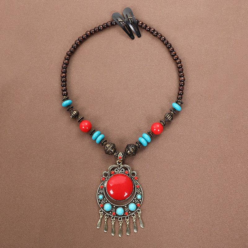 Vintage Long Ethnic Style Necklace with Turquoise Dzi Pendant