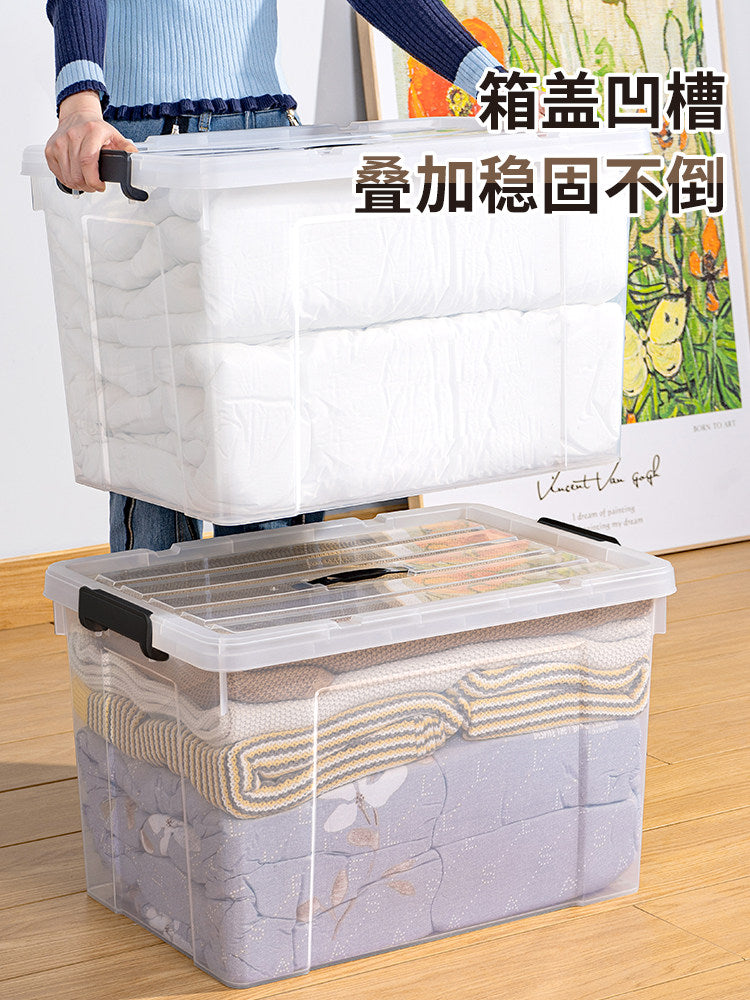 Extra-large transparent storage box, household clothes, toy organizer, thickened plastic storage box with handle, storage box