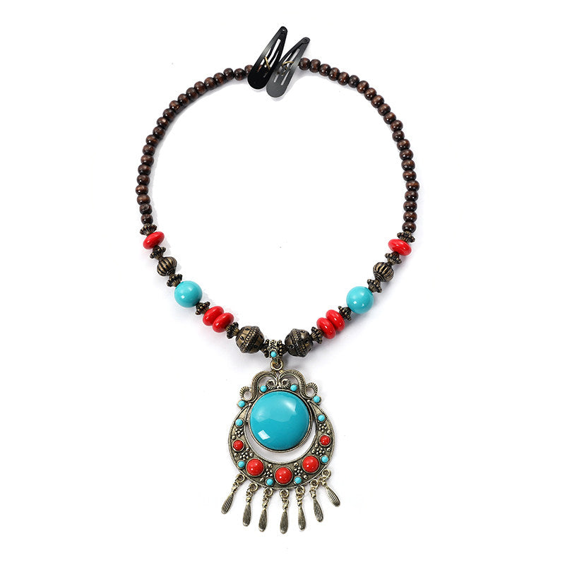Vintage Long Ethnic Style Necklace with Turquoise Dzi Pendant