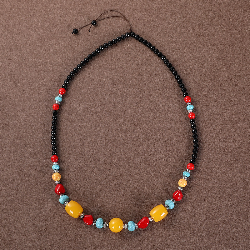 Vintage Long Ethnic Style Necklace with Turquoise Dzi Pendant